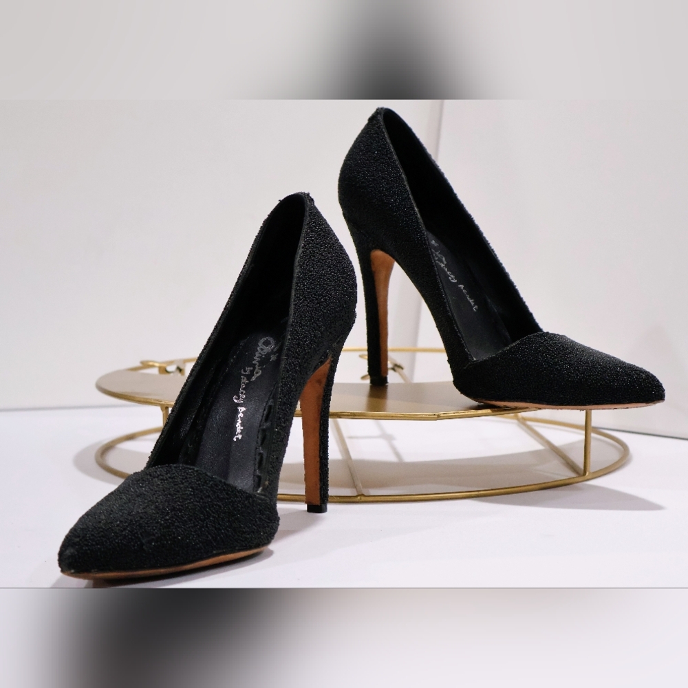 Alice + Olivia Dina Black Caviar Beaded Pointy Toe Heels Pumps